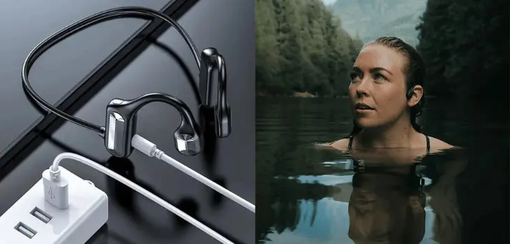 lady inside a lake with waterproof Melody Buds